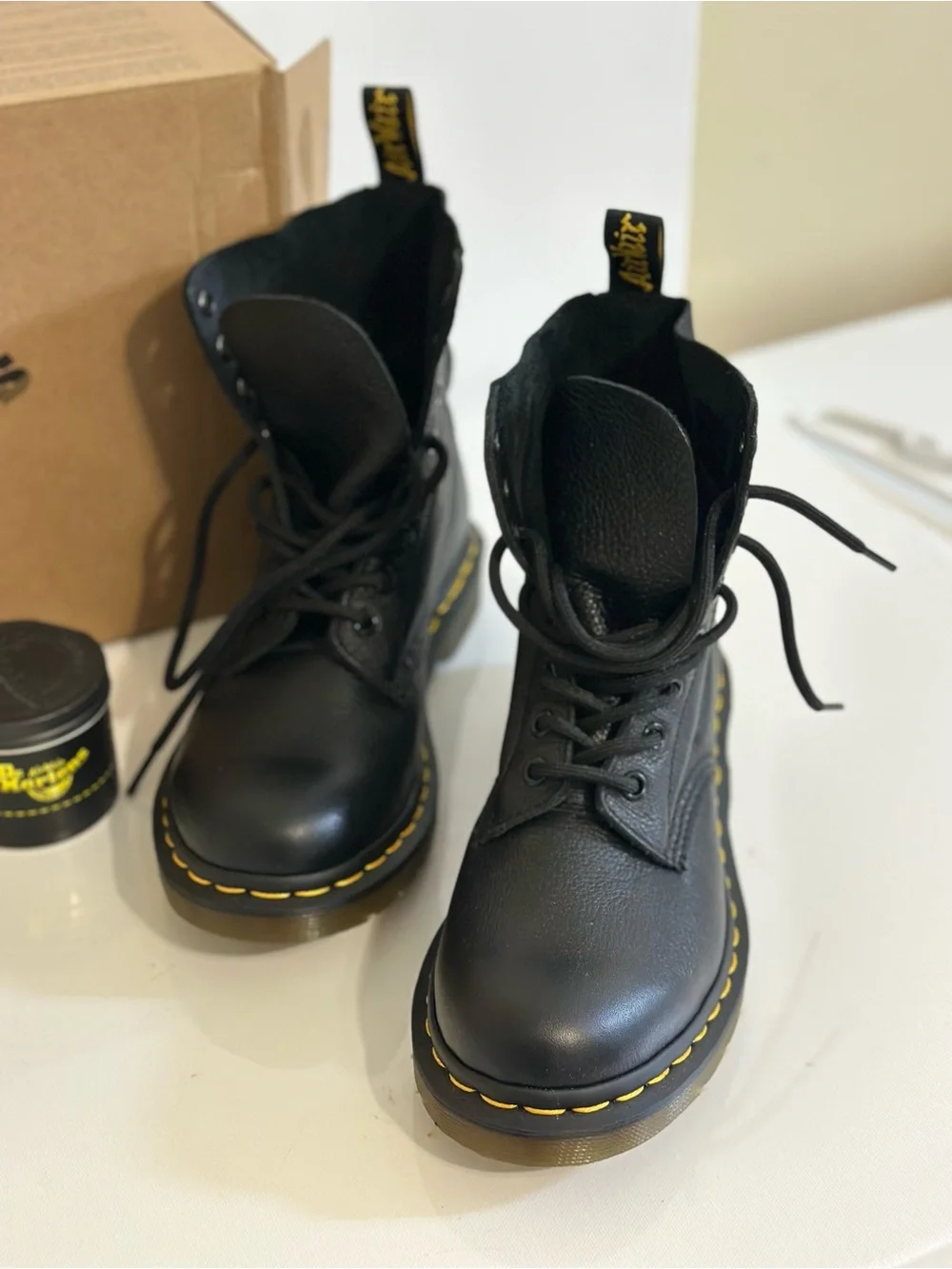 Dr. Martens Black Leather 8-Eye Boots with Yellow Stitching